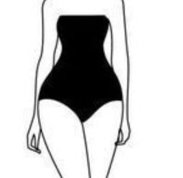 Black and white illustration of a pear-shaped body in a full swimsuit.
