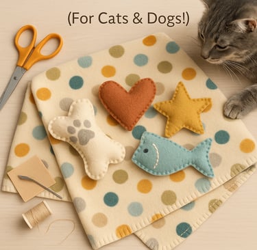 “Handmade fleece blanket and matching pet toy set for cats and dogs in cozy colors.”