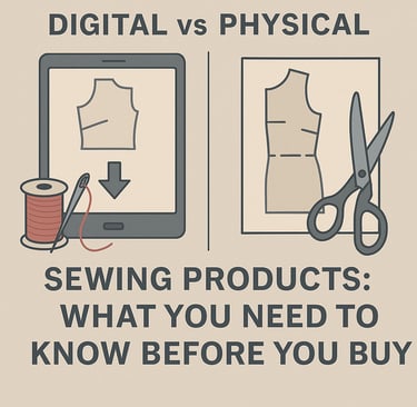 Flat-style digital illustration comparing digital and physical sewing products, with icons of a tabl