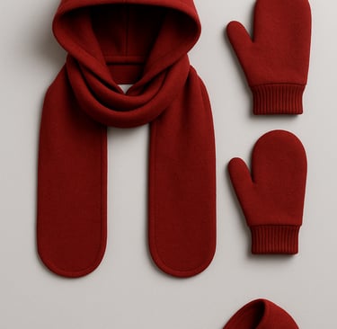 Red hooded scarf and matching mittens displayed flat.