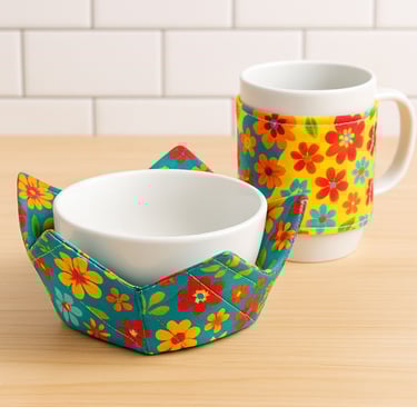 “Floral bowl warmer with matching mug cozy.”