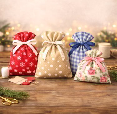 DIY fabric gift bags made from cotton fabric with drawstring clossures.