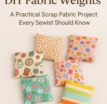 "DIY fabric weights in colorful prints on fabric background."