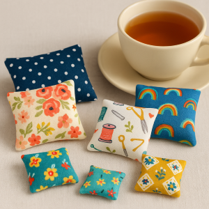 "Fabric weights and a cup of tea on neutral fabric."