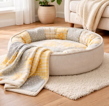 Cozy round pet bed in neutral and cheerful fabrics
