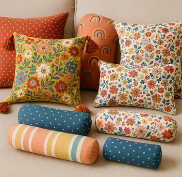 "Colorful throw pillows in various shapes with tassels and floral prints."