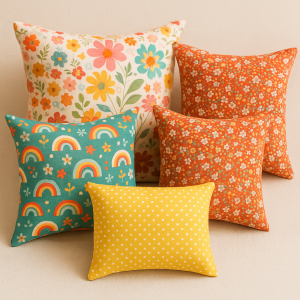"Five colorful throw pillows in floral, rainbow, and polka dot prints."