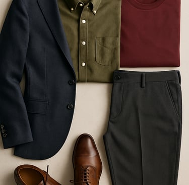 “Men’s capsule wardrobe outfit with blazer, shirt, trousers, and shoes.”