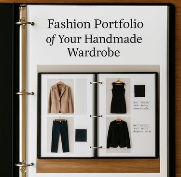 A centered image of an open black binder on a wooden table displaying a personal fashion portfolio.