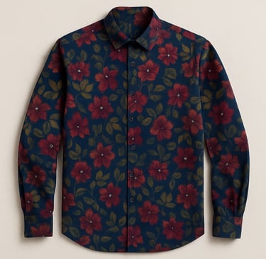 Full view of a buttoned-up long-sleeved men’s floral shirt with red and burgundy flowers.