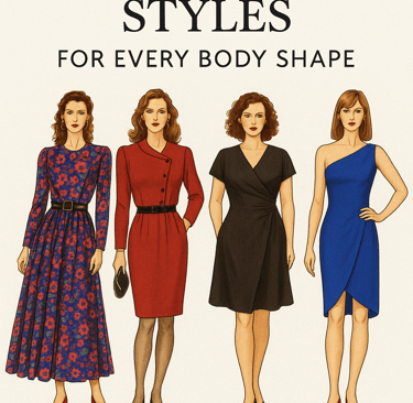 Women in asymmetric dresses styled for hourglass, pear, apple, and inverted triangle body shapes.