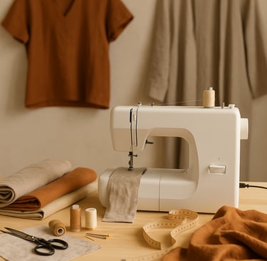 Sewing machine and garments in slow-fashion workspace 