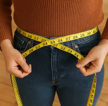 Measuring waist with yellow tape over jeans and rust sweater.