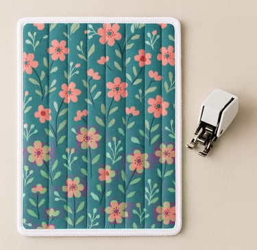 A floral-patterned DIY dish drying mat with vertical quilted lines lies flat on a beige surface next