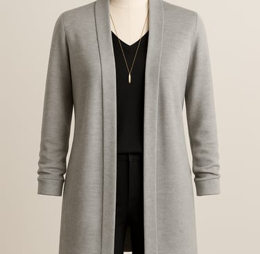 Open front cardigan styled with slim pants and V-neck top 
