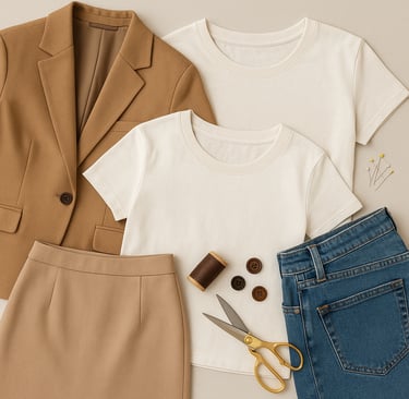 Flat lay of durable garments including a blazer, T-shirts, skirt, and jeans with sewing tools.