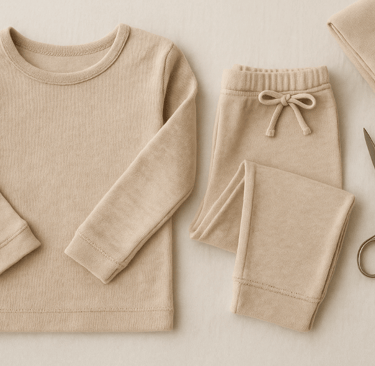 Handmade beige cotton shirt and pants with sewing scissors on a soft background.