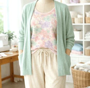Mannequin wearing comfortable pastel top, relaxed pants, and cardigan 