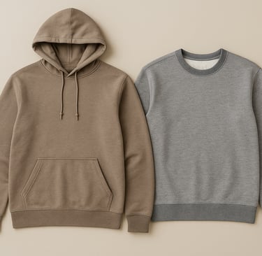 Men’s handmade hoodie and sweatshirt in neutral colors with ribbed cuffs and a drawstring hood.