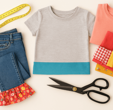 Upcycled kids' jeans with a ruffle, a t-shirt with a band, folded clothes, sewing scissors, and meas