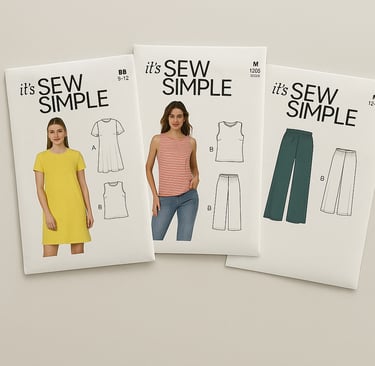 Three McCall's It's Sew Simple sewing patterns with clean, minimal designs displayed on a neutral ba