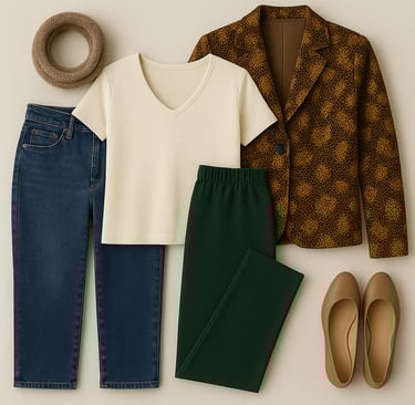 Flat lay of jeans, green pants, cream top, snakeskin jacket, scarf, and flats. 
