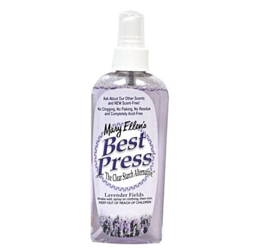 A bottle of Mary Ellen's Best Press Pump Spray starch on a white background.