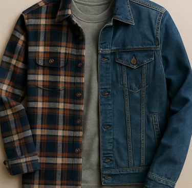 Layered men’s outfit with tee, flannel, and denim jacket.