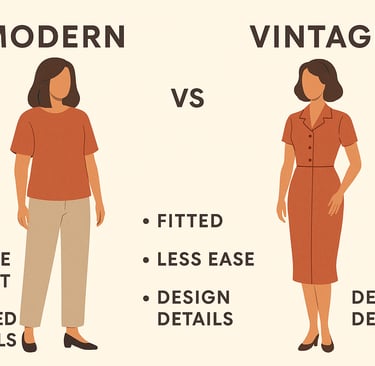 Illustration comparing modern and vintage sewing styles with two mannequins.