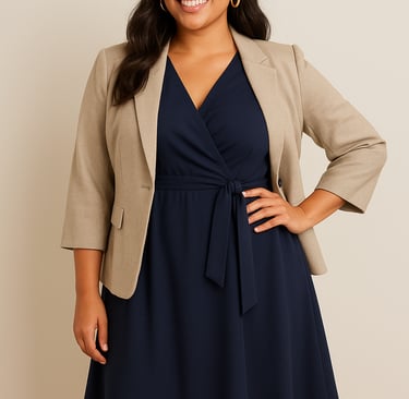 Woman in A-line wrap dress and blazer flattering a pear-shaped body.