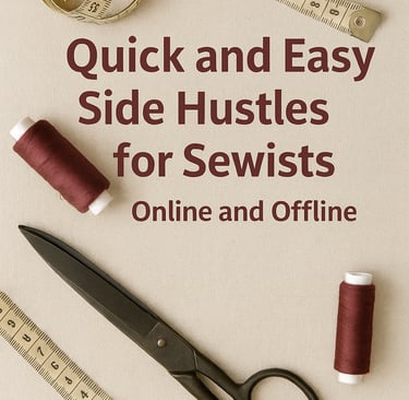 "Sewing tools with burgundy thread, scissors, and tape measure for quick and easy side hustles.