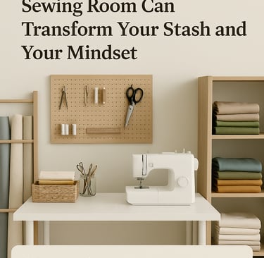 A clean, minimalist sewing room with a sewing machine, pegboard holding tools, and folded fabric nea