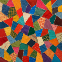 A colorful scrappy quilt made from irregular-shaped fabric pieces in assorted colors and prints, sew