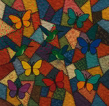 A scrappy quilt composed of irregular, colorful fabric pieces stitched together with bold black zig-