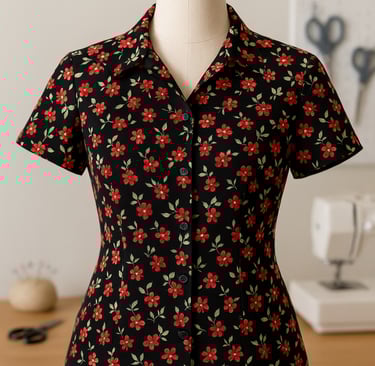 Floral button-front blouse with darts on a dress form in a sewing room.