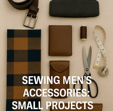 Flat lay of handmade men’s accessories—belt, scarf, hat, and wallet on sewing table.