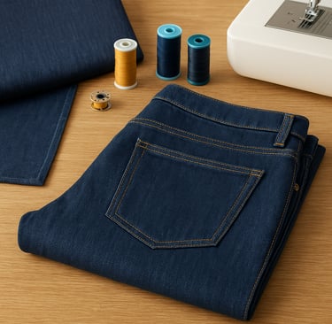  Jeans and sewing tools on worktable.