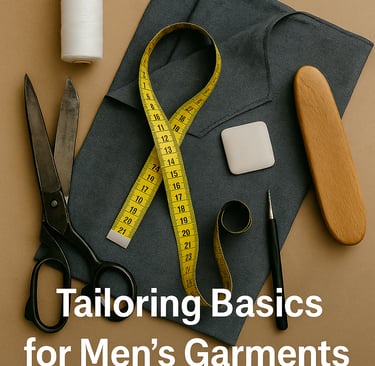 Tailoring tools beside men’s shirt fabric, measuring tape, and chalk.