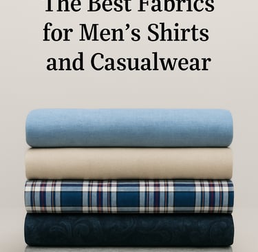 Centered stack of folded men’s shirt fabrics.
