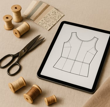 A tablet with a drawing of a top on it with scissors and spools of thead.