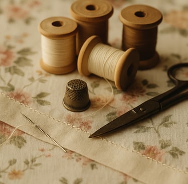 A vpair of scissors and thread spools on a table