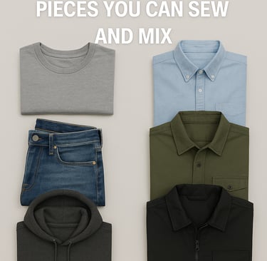 Six men’s wardrobe pieces folded in a neutral palette.