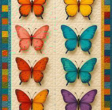 A quilt features nine colorful butterflies appliquéd in 3D style, with wings lifted for a lifelike e