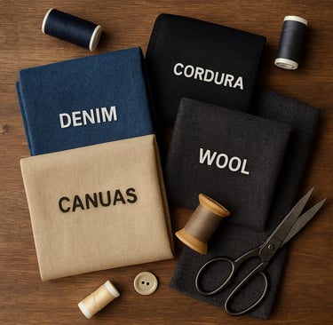 Flat lay of durable sewing fabrics including denim, canvas, Cordura, and wool.