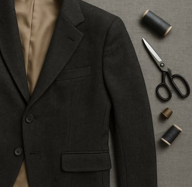 Flat lay of a tailored wool blazer with tan lining.