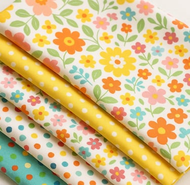 “Four neatly folded half-yard cuts of colorful cotton fabric in cheerful floral and polka dot prints