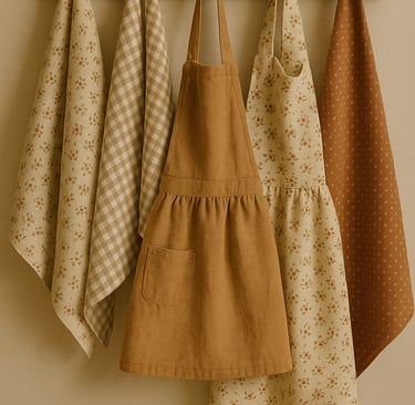 "Two aprons and three dish towels hanging on a wooden rack in a cozy farmhouse style."