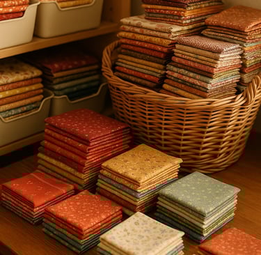 A cozy fabric stash featuring neatly folded quilting cottons in warm tones of red, gold, green, and 