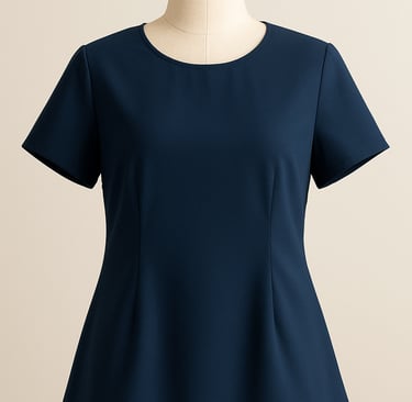 Navy blue short-sleeved blouse sewn with wrinkle-resistant fabric displayed on a dress form.