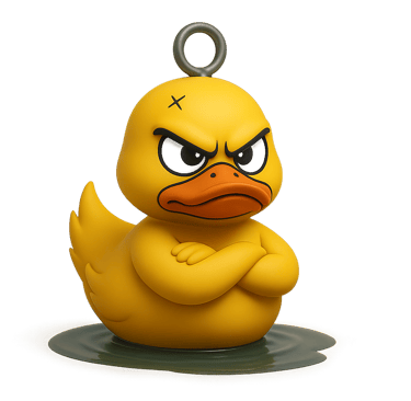 a rubber ducky with a angry face and a black eye